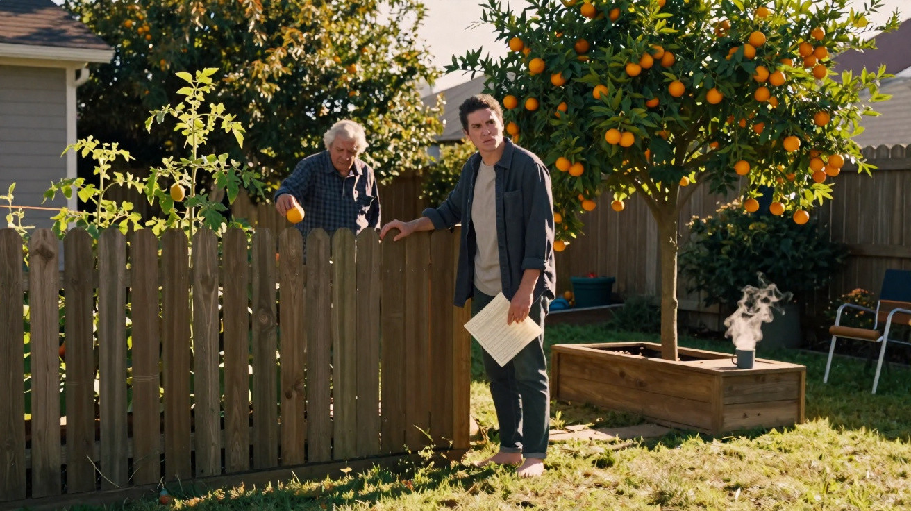 Dois homens num jardim junto a um portão de madeira, com árvores de laranja e uma chávena fumegante numa mesa.