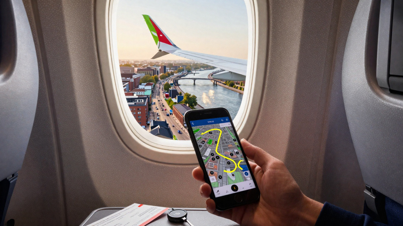Vista aérea de cidade a partir de janela de avião com braço a segurar telemóvel a mostrar mapa de navegação.