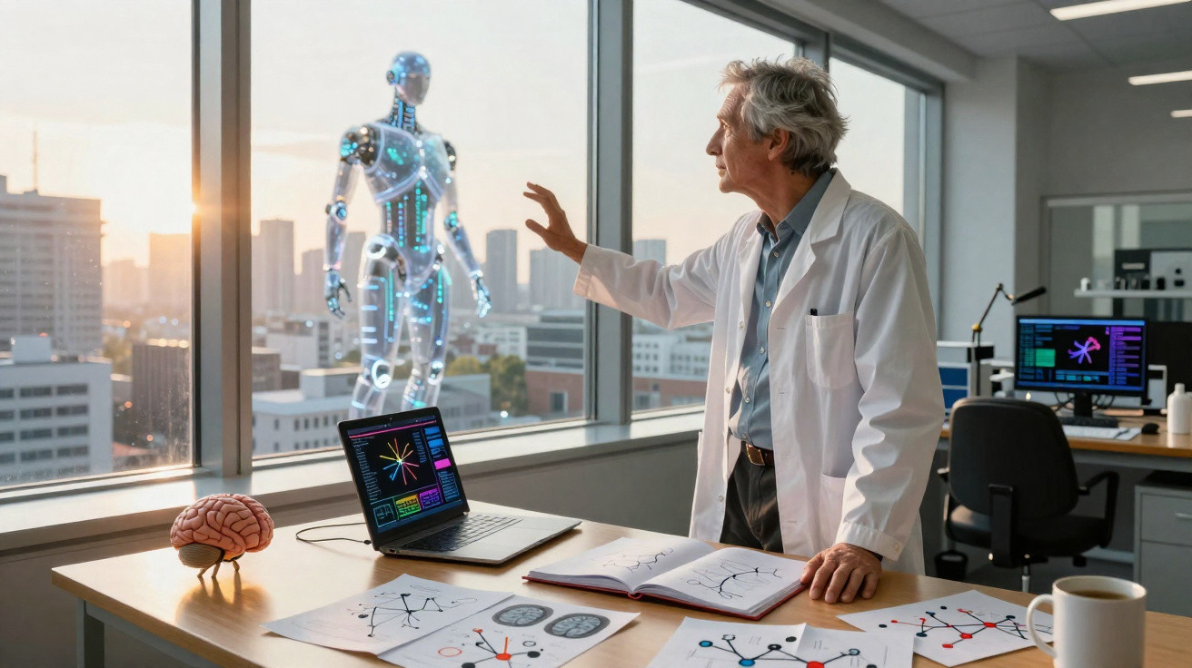 Cientista em laboratório a estudar humanoide robô digital em janela com cérebro e gráficos na mesa.