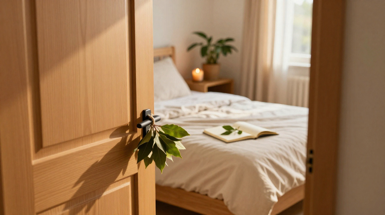 Quarto acolhedor com porta de madeira entreaberta decorada com folhas verdes e cama com livro aberto.