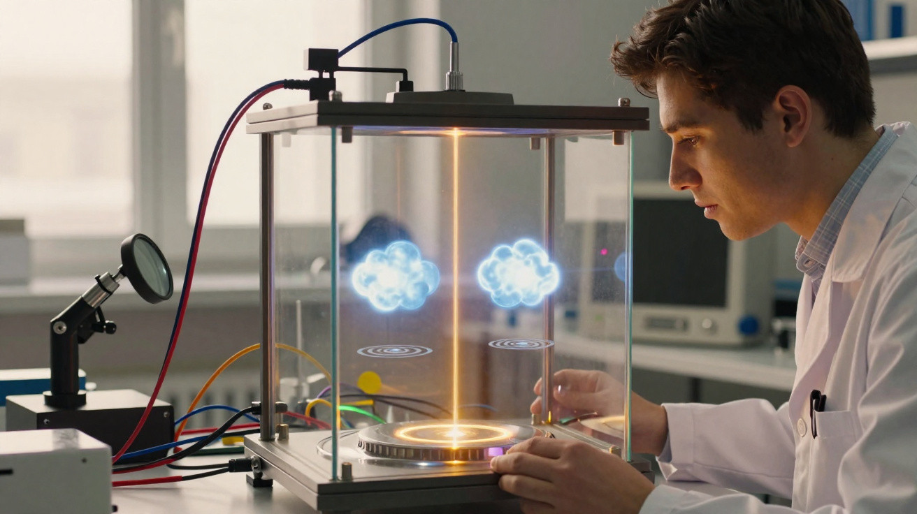 Cientista observa dispositivo transparente com hologramas científicos futuristas numa sala de laboratório.