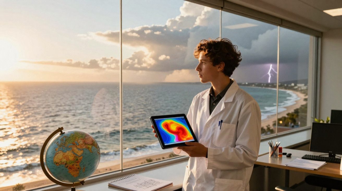 Jovem cientista com bata branca observa raio fora da janela, segurando tablet com mapas térmicos do mar.