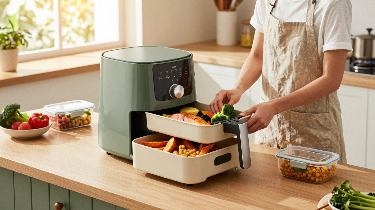 Pessoa a retirar alimentos saudáveis de uma fritadeira de ar dupla numa cozinha moderna e iluminada.