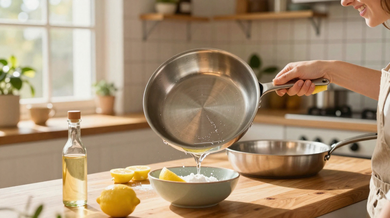 Pessoa a verter líquido de uma panela para uma tigela azul numa cozinha luminosa com limões e azeite na bancada.