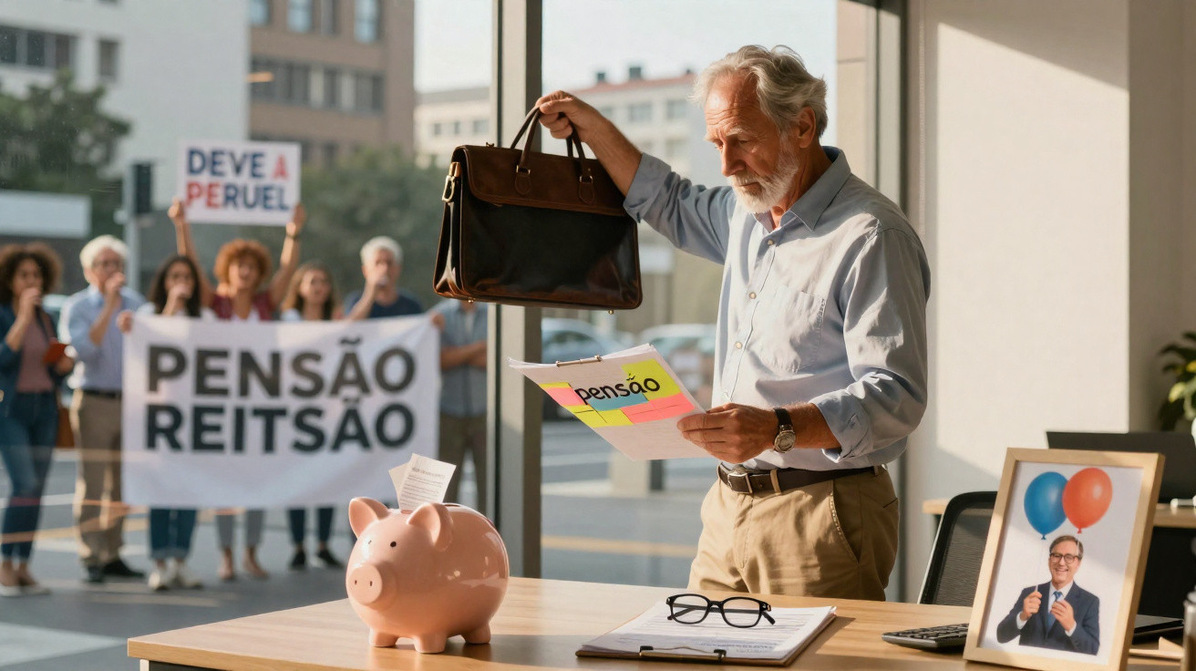 Homem idoso com documento de pensão na mão, bolsa erguidas, à frente de grupo com cartazes de protesto.