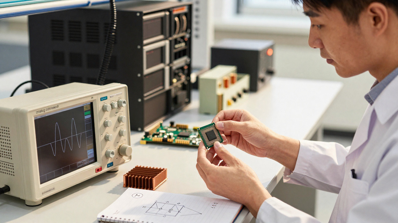 Homem com bata branca analisa um chip eletrônico perto de osciloscópio e esquemas num laboratório.