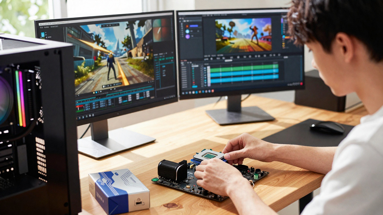 Pessoa a montar componente de computador na secretária com dois ecrãs mostrando software de edição de vídeo.