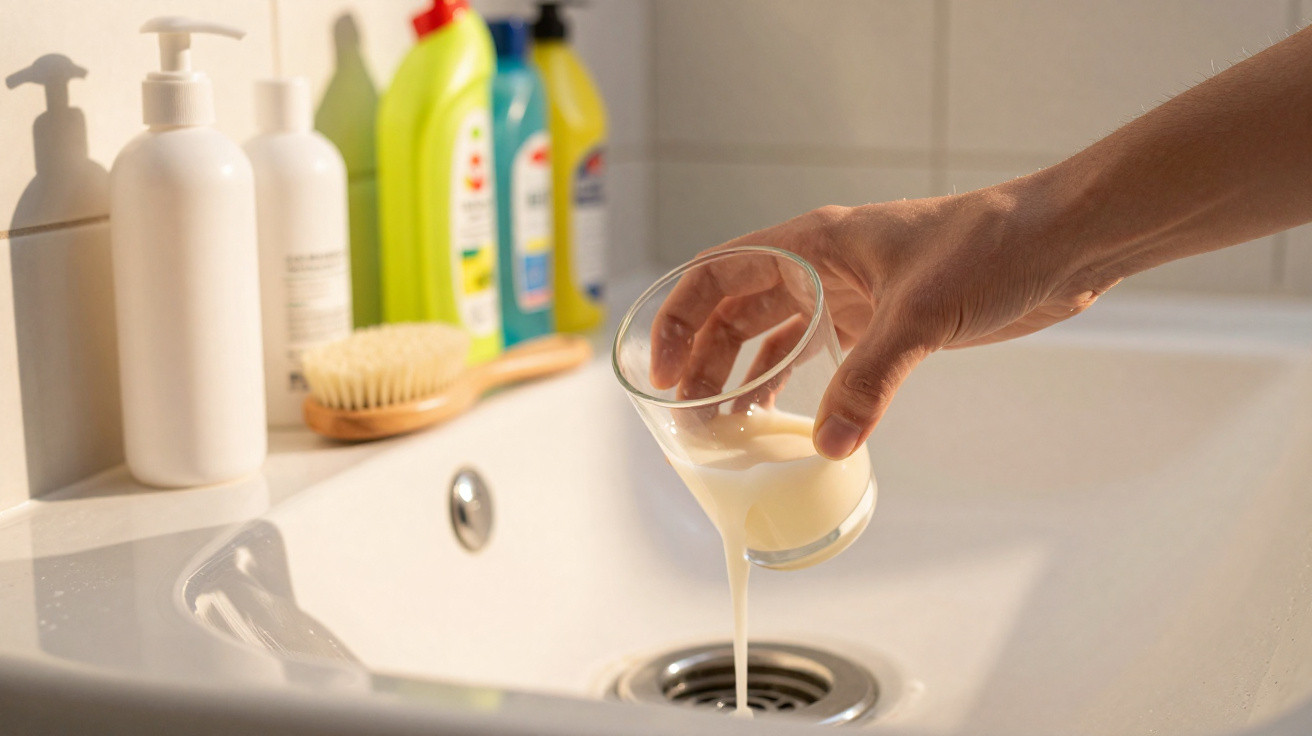 Pessoa a deitar líquido branco de um copo para o lavatório com vários produtos atrás.