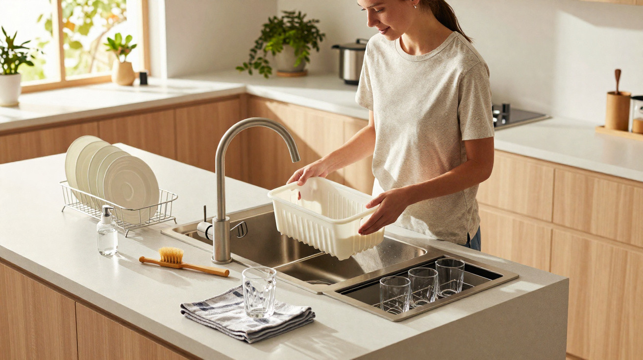 Mulher a lavar copos numa cozinha moderna com imagem natural a entrar pela janela.