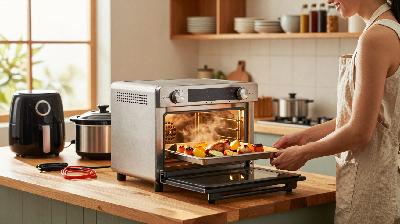 Mulher a retirar tabuleiro de legumes assados de forno elétrico na cozinha moderna.