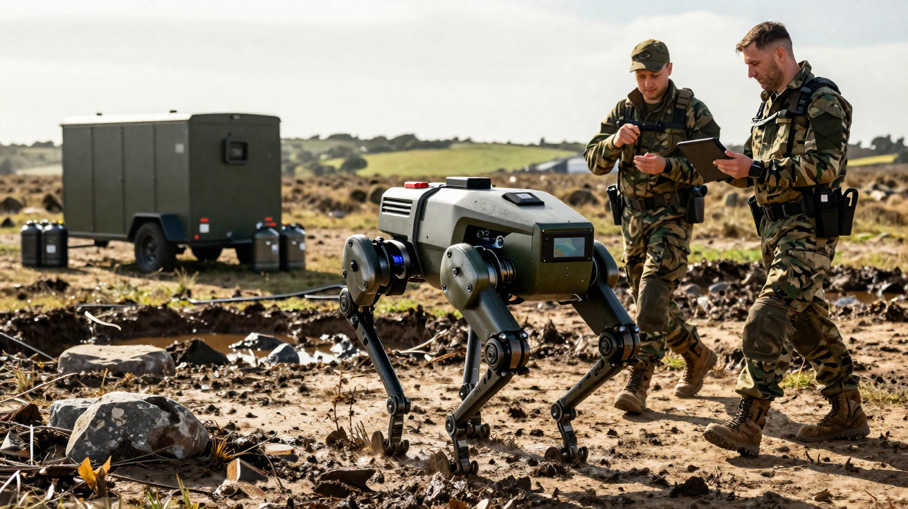 Dois soldados em uniforme camuflado operam um robô quadrúpede num terreno rochoso e arenoso.