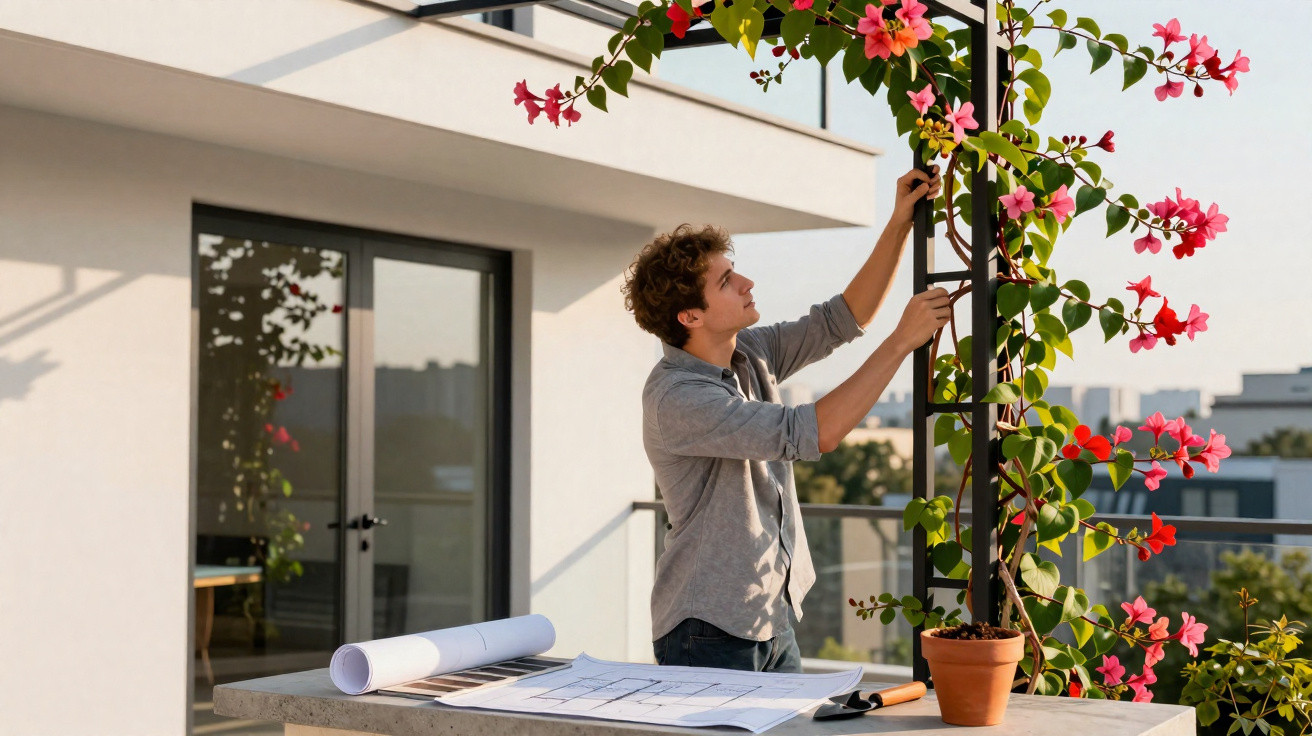 Homem arruma planta trepadeira com flores cor de rosa num terraço moderno com plantas e plantas em vaso.