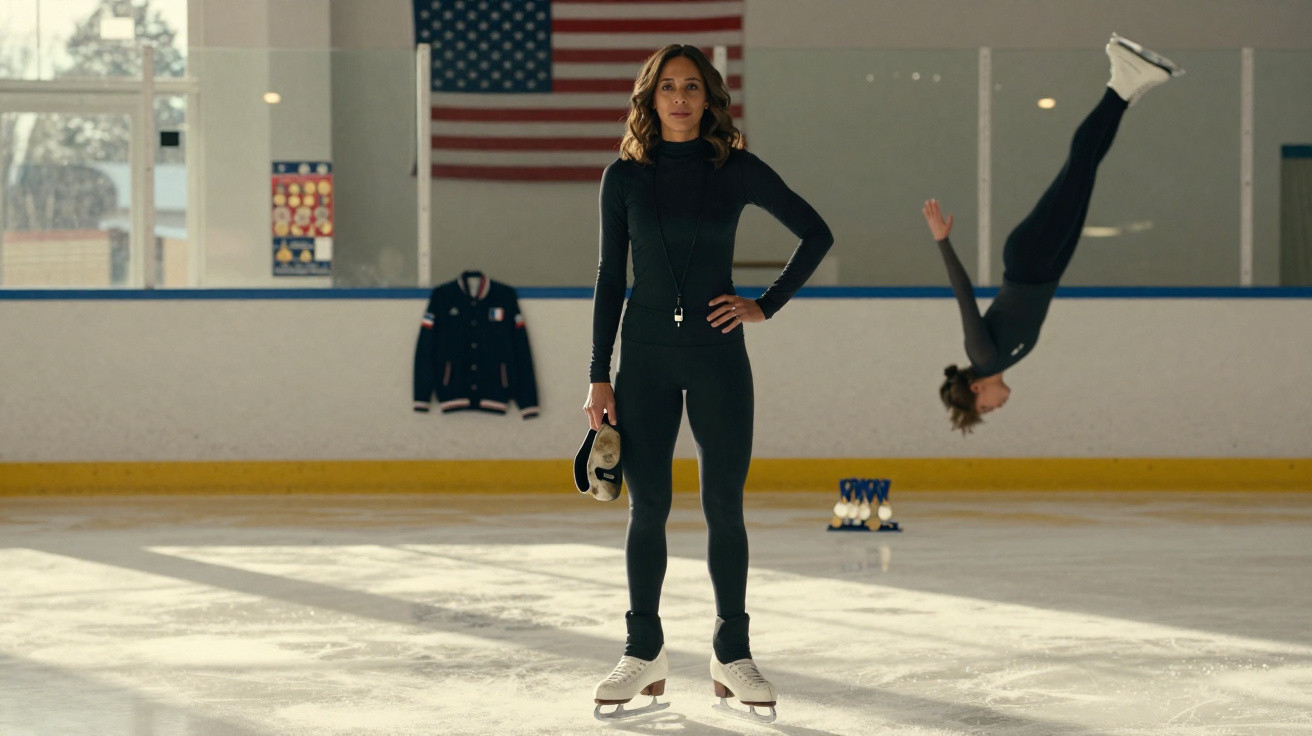 Mulher de patins de gelo com roupa preta na pista, com bandeira dos EUA ao fundo e outra pessoa a fazer acrobacia.