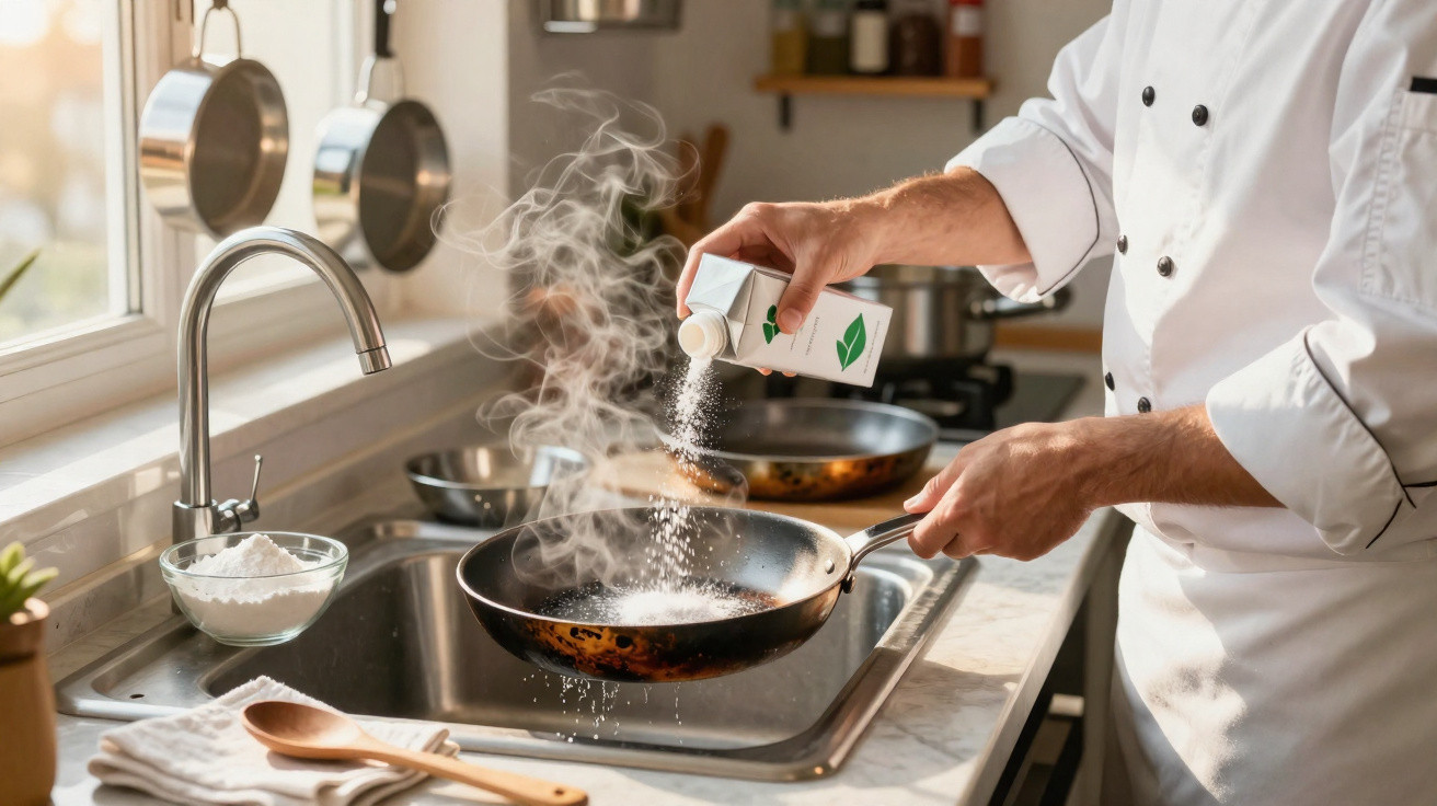 Pessoa em traje de chef a temperar comida numa frigideira fumegante junto à pia da cozinha.