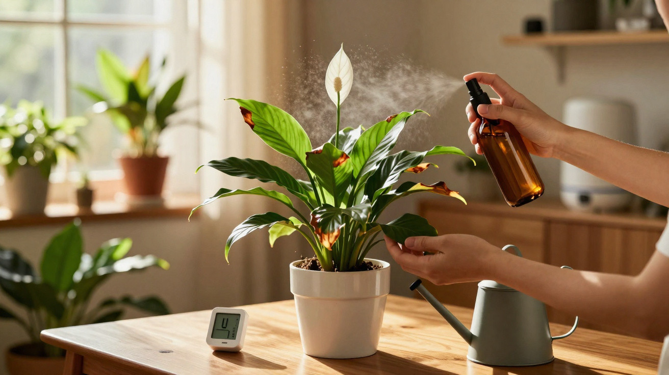 Pessoa pulveriza água numa planta com folhas verdes e flores brancas num vaso branco numa mesa de madeira.