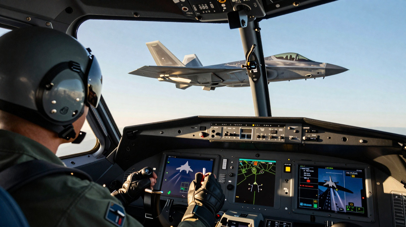 Piloto dentro do cockpit de um avião militar observando um caça F-35 a voar ao lado.