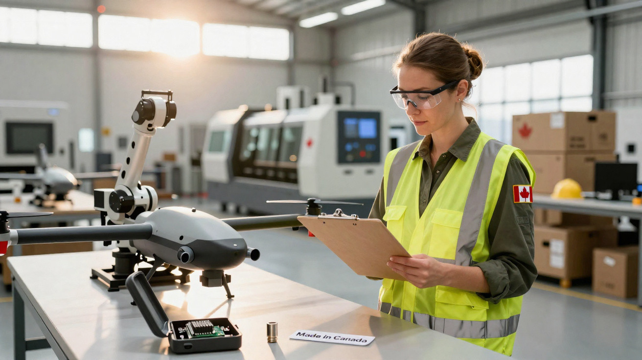 Mulher com colete refletor examina drone numa fábrica moderna com equipamentos tecnológicos ao fundo.
