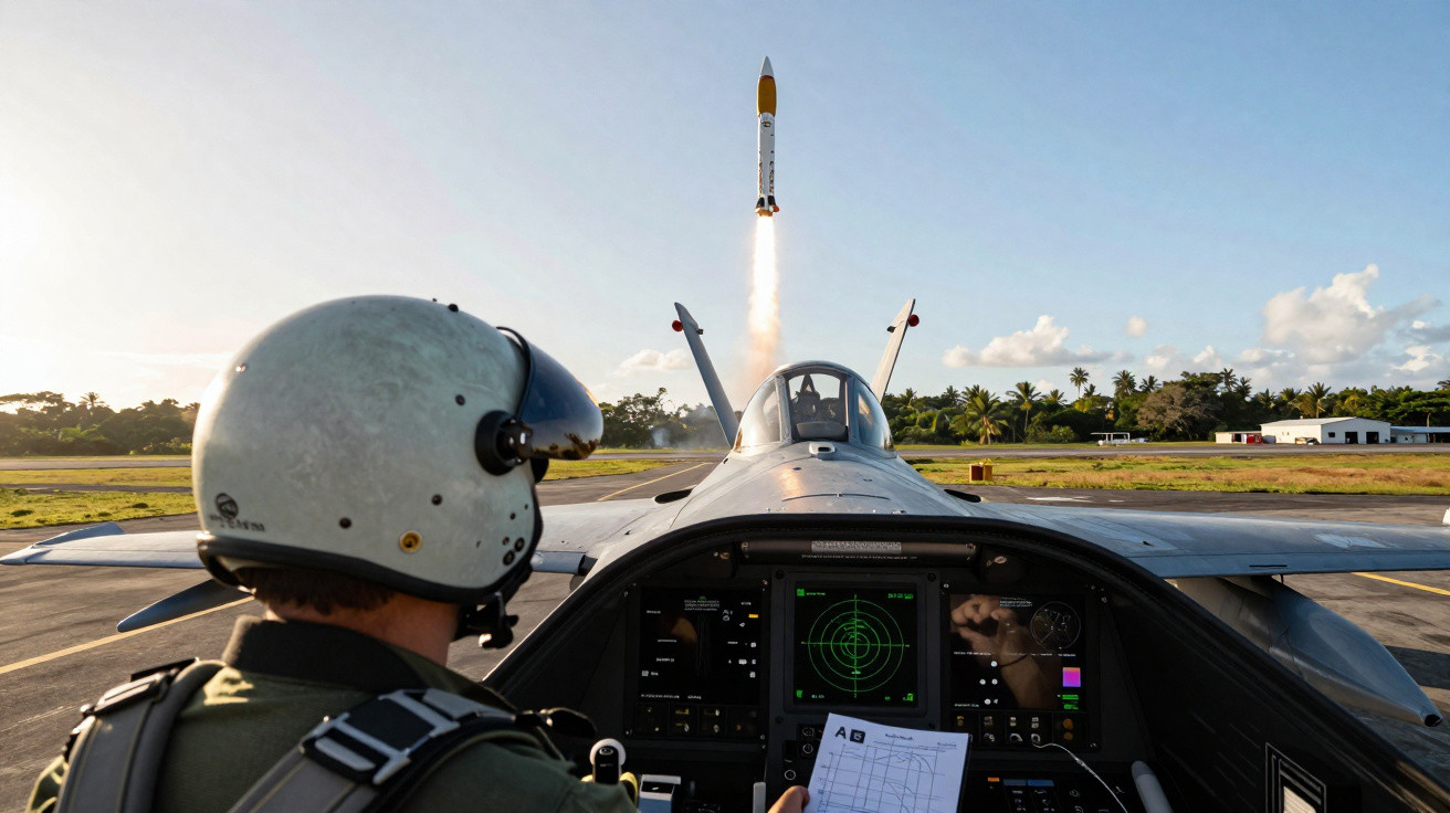 Piloto num caça observa lançamento de míssil no céu durante dia claro numa base aérea.