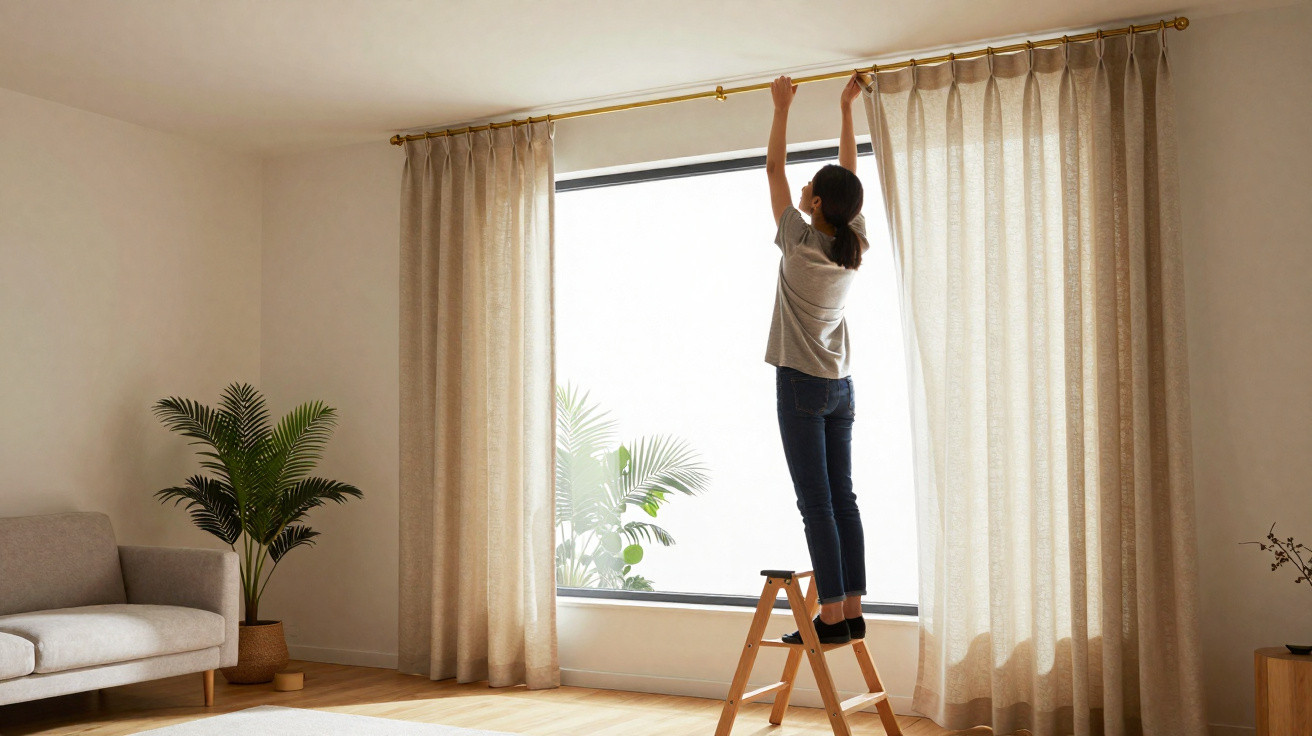 Mulher numa escada a pendurar cortinas bege numa sala de estar luminosa com plantas e sofá.
