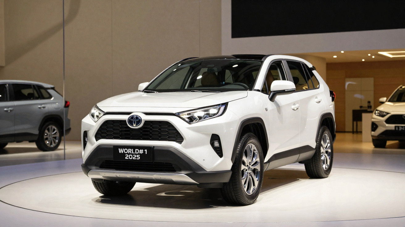 Automóvel Toyota RAV4 branco exposto num salão automóvel com luz focada.