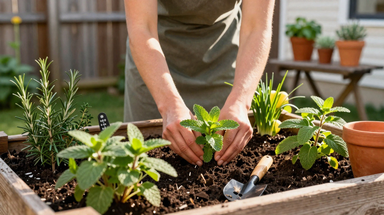 Pessoa a plantar uma muda de ervas aromáticas numa horta elevada com terra fértil.