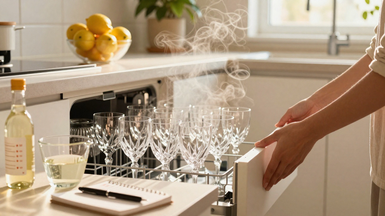 Mãos a abrir máquina de lavar-louça para secar copos de vidro em cozinha iluminada pela luz natural.