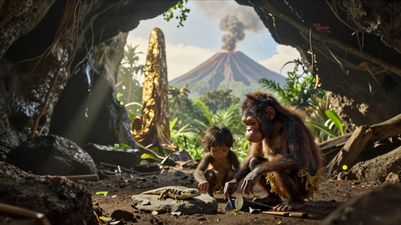 Orangotangos na entrada de uma caverna perto de um vulcão em erupção numa paisagem tropical.