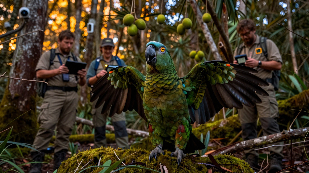 Papagaio verde com asas abertas sobre musgo em floresta, com três investigadores ao fundo a registar dados.