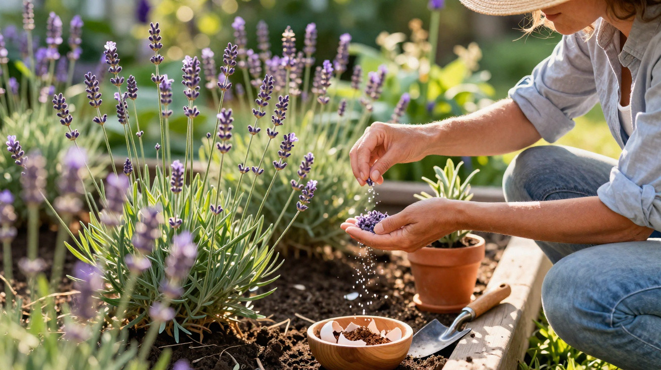 Pessoa a colher flores de lavanda num jardim ensolarado com terra, pequeno vaso e pá de jardinagem.