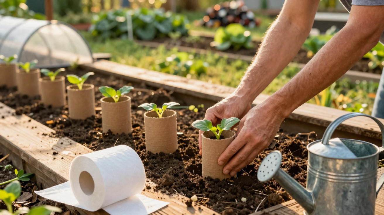 Pessoa a transplantar pequenas plantas em vasos biodegradáveis numa horta elevada ao ar livre.