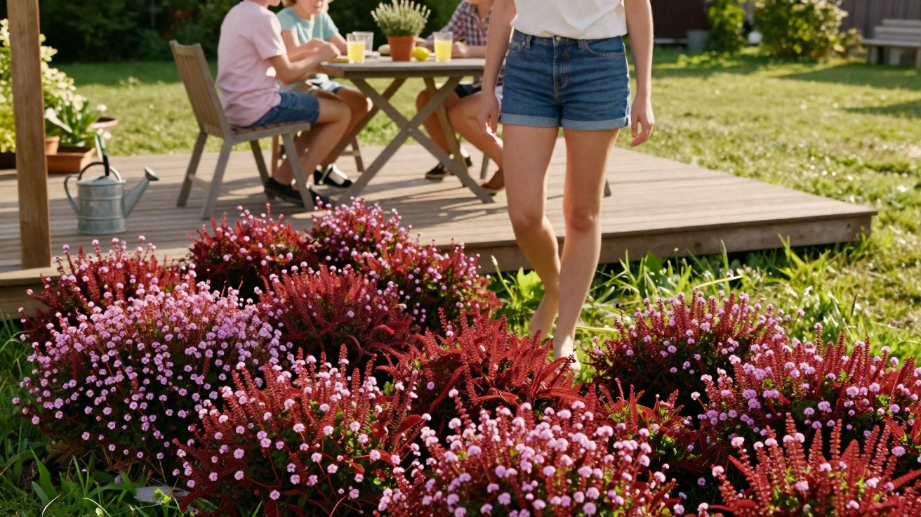 Pessoa com calções azuis caminha junto a flores cor-de-rosa e vermelhas em jardim, com crianças sentadas na mesa ao fundo.