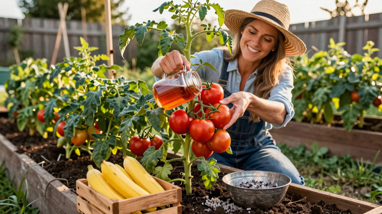 Mulher com chapéu rega planta de tomate maduro numa horta urbana com bananas numa caixa de madeira.