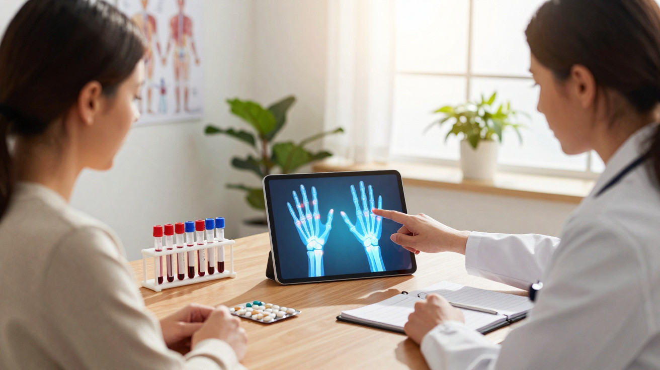 Médica explica exame de raios-x das mãos a paciente numa consulta num consultório com tubos de ensaio e medicamentos.