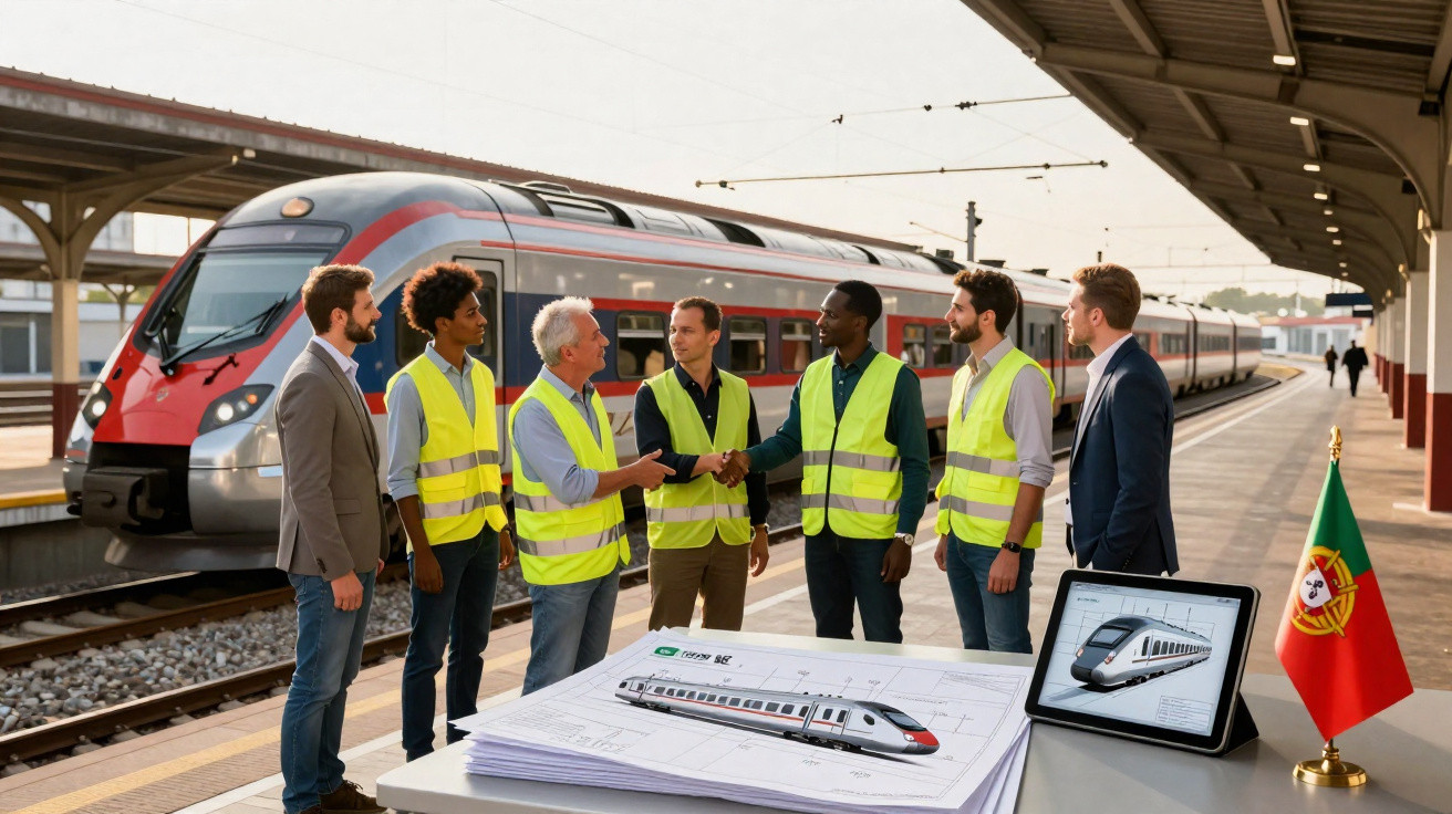Grupo de profissionais a discutir projeto de comboio numa estação ferroviária em Portugal, com desenhos e bandeira.