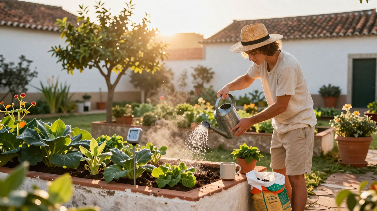 Jovem com chapéu a regar plantas numa horta elevada ao entardecer num jardim soalheiro.
