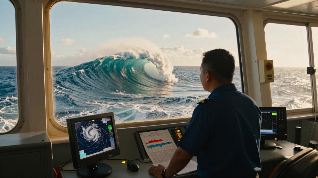 Homem a observar uma grande onda no mar a partir da cabine de um navio.