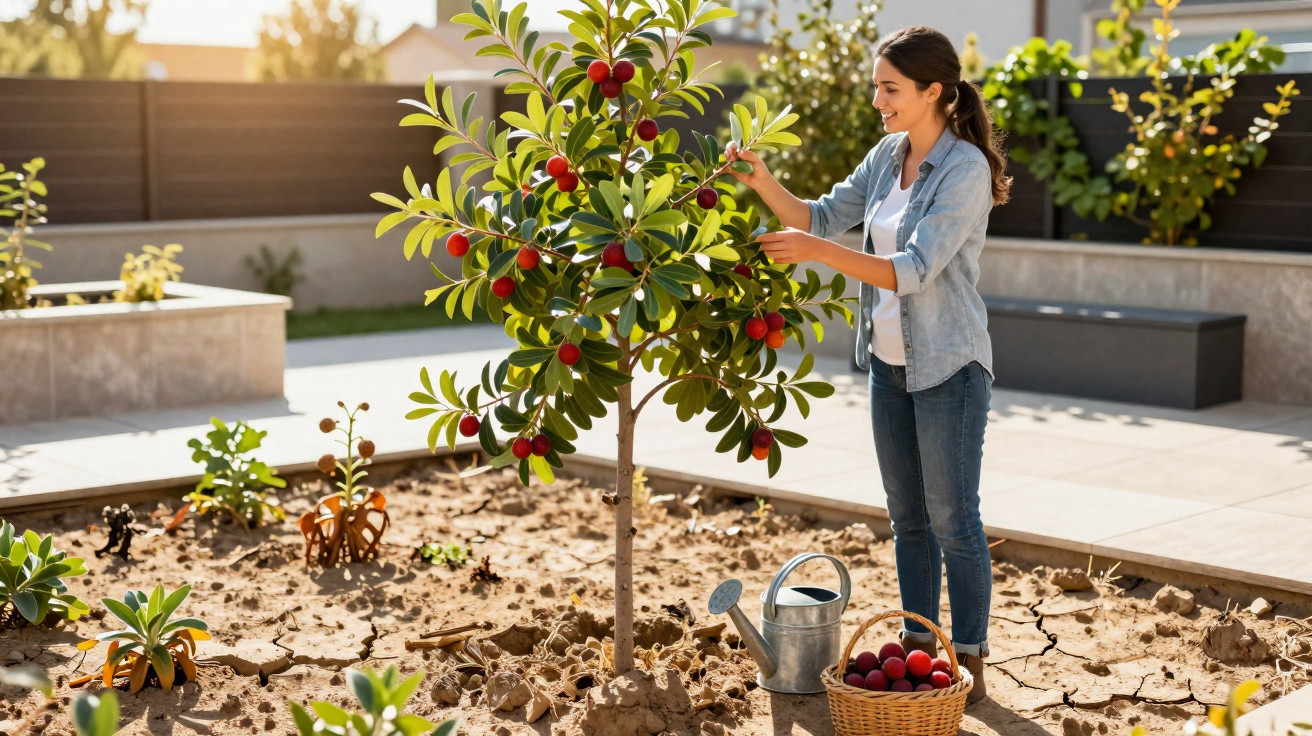 Mulher a colher frutos vermelhos de uma árvore num jardim com regador e cesta junto.