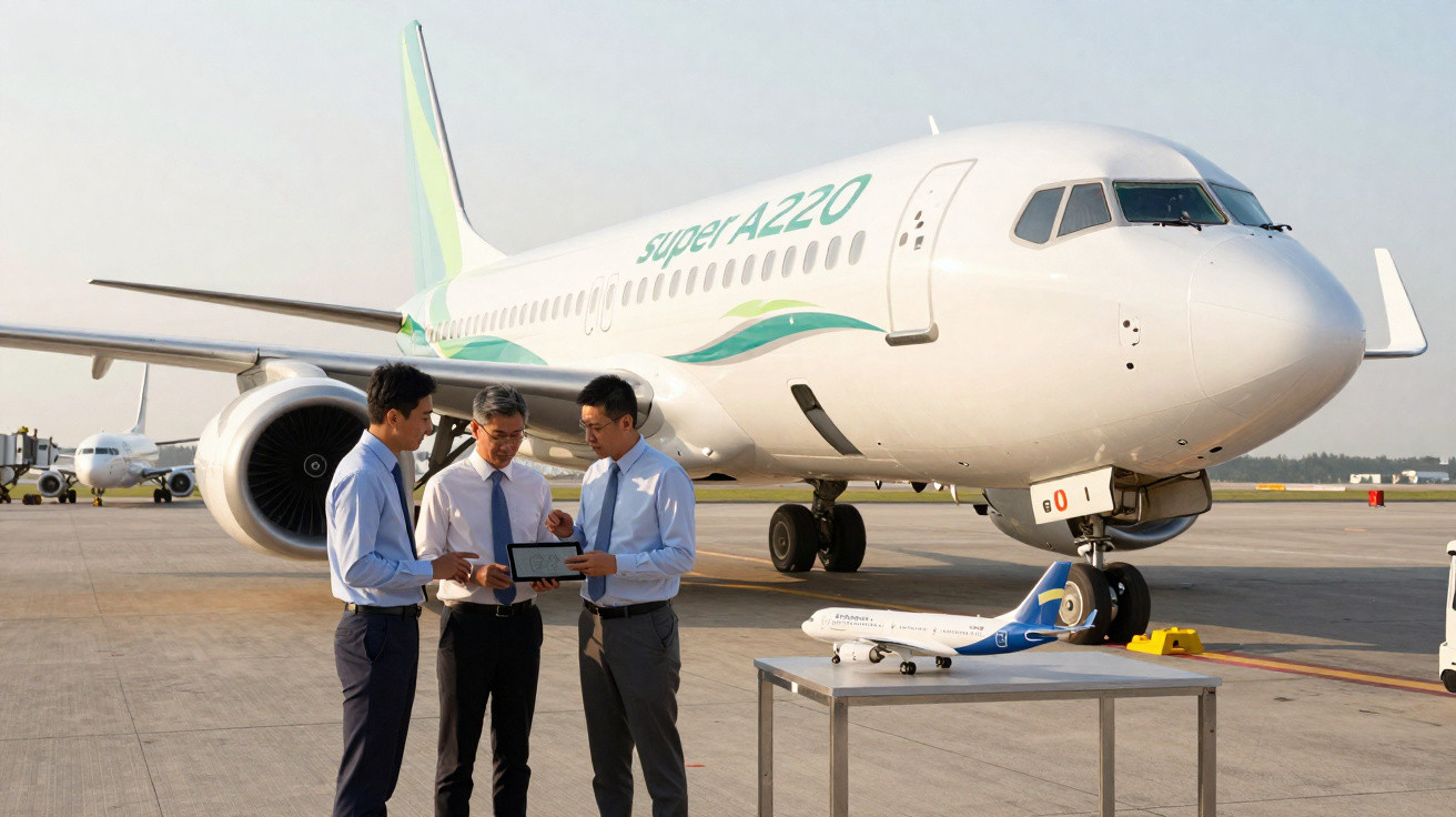 Três homens em fato discutem junto a uma aeronave Super A220 num aeroporto com modelo reduzido de avião sobre mesa.