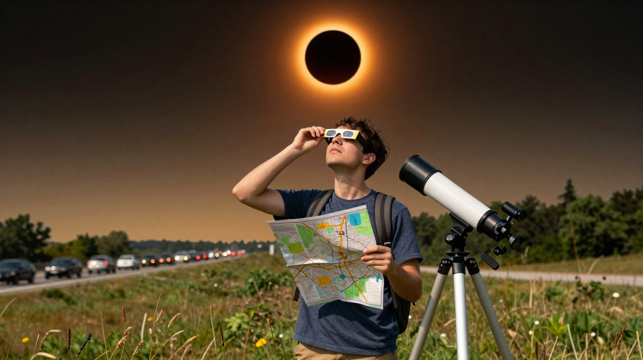 Homem observa eclipse solar com óculos especiais e mapa ao lado de um telescópio numa estrada rural.