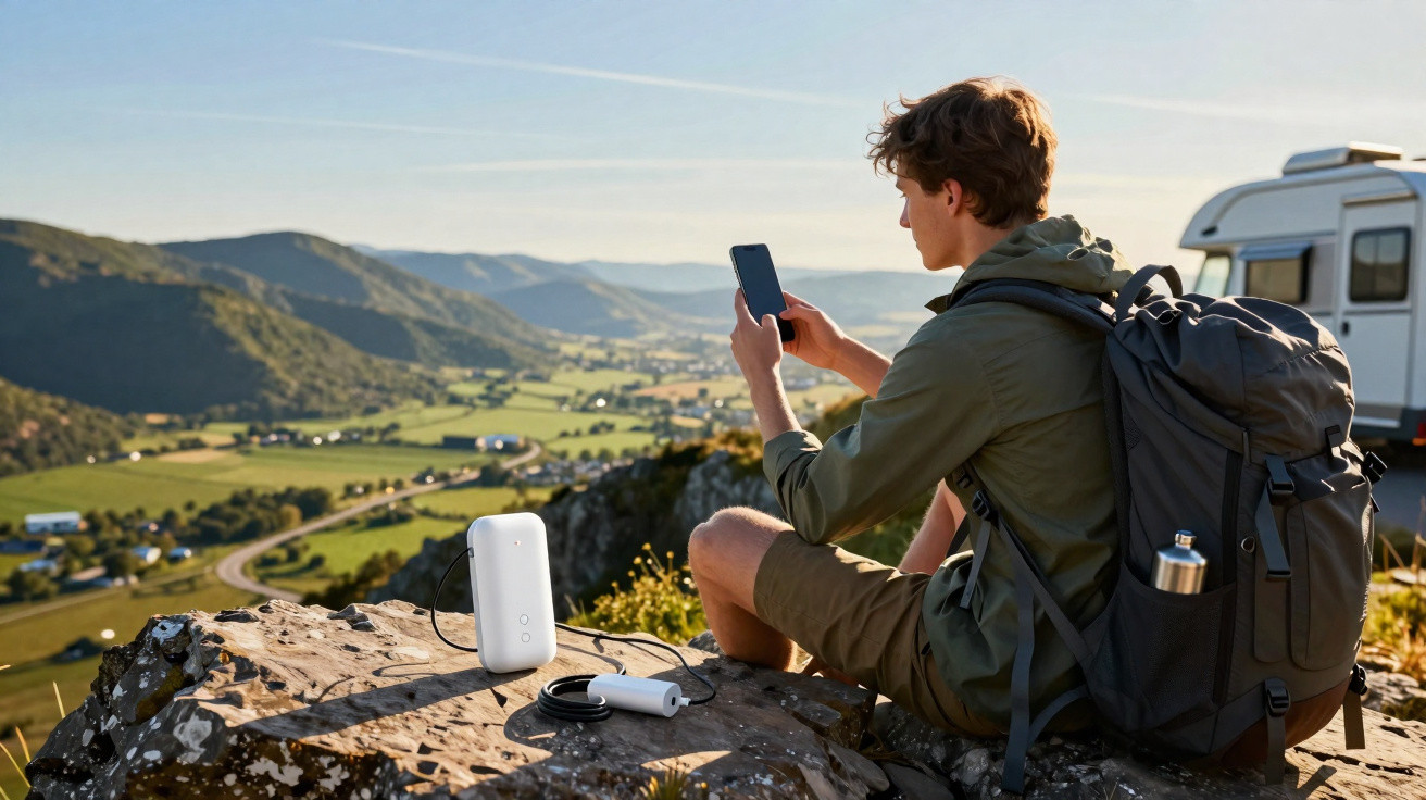 Jovem com mochila a carregar telemóvel usando powerbank sentado num rochedo com vista para vale e autocaravana ao fundo.