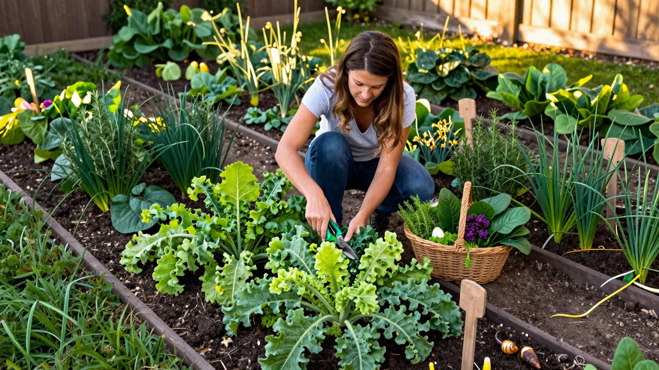Mulher a colher legumes em jardim com cesta e várias plantas ao redor durante o dia.