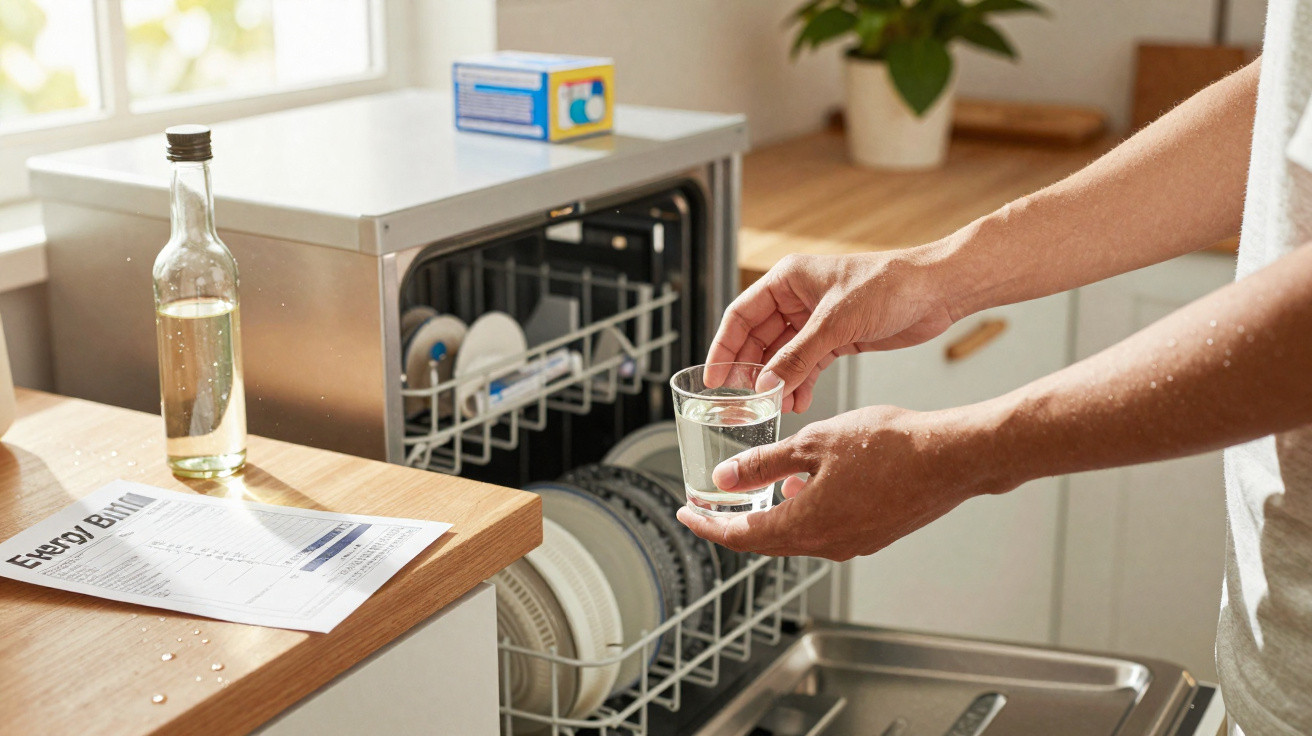Mãos a retirar um copo de vidro cheio de água de uma máquina de lavar loiça aberta numa cozinha.