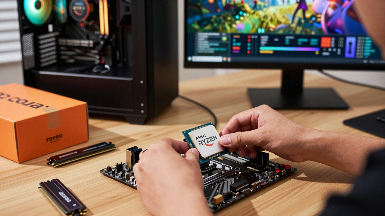 Pessoa a instalar um processador AMD Ryzen numa motherboard sobre uma mesa com componentes de computador.