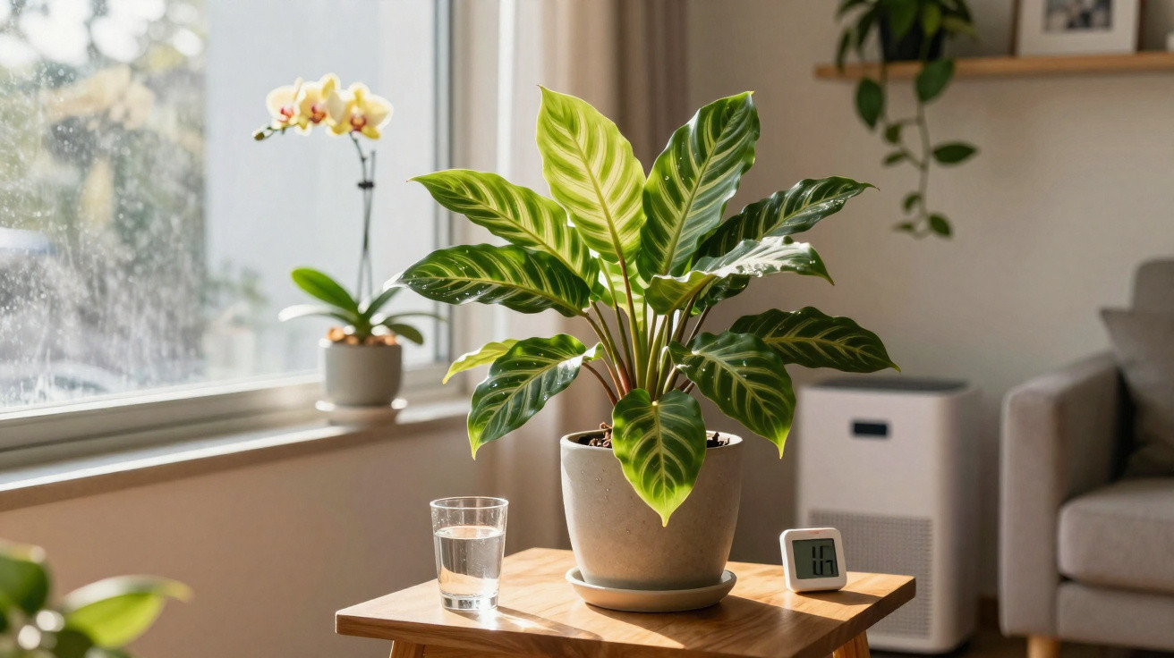 Planta verde em vaso junto a copo de água e termómetro digital numa mesa de madeira perto da janela.