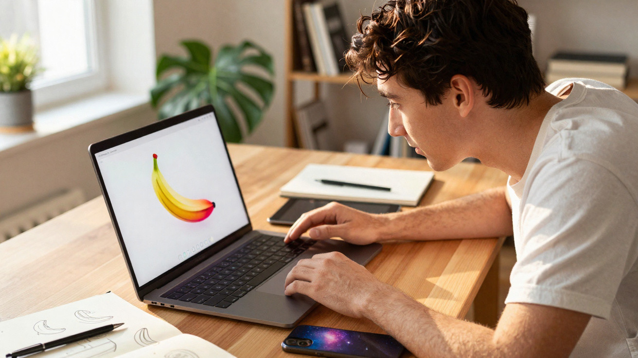 Homem sentado a usar computador portátil que mostra imagem digital de banana colorida.