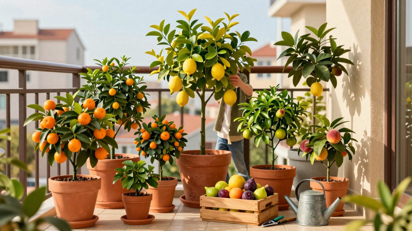 Varanda com várias plantas em vasos, incluindo árvores de citrinos e pêssegos, com frutos maduros.