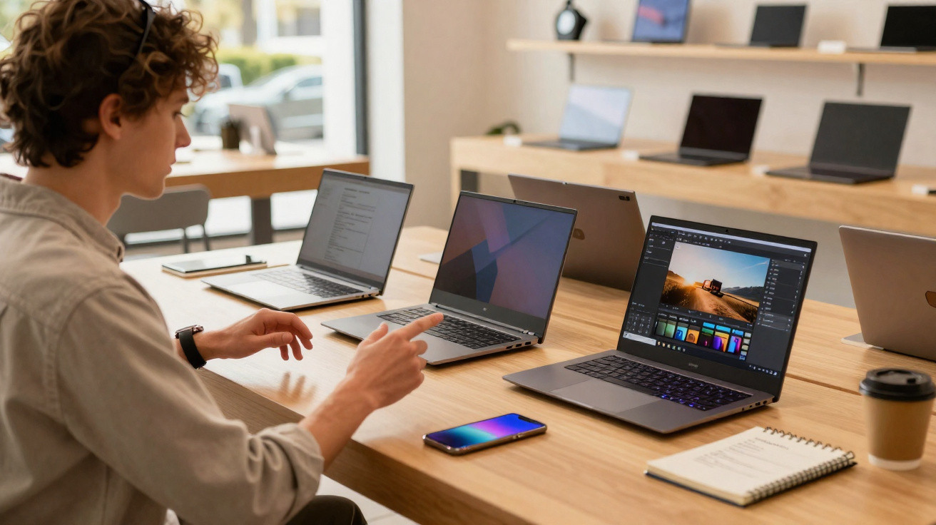 Pessoa sentada numa mesa com vários computadores portáteis, a interagir com um laptop no centro.