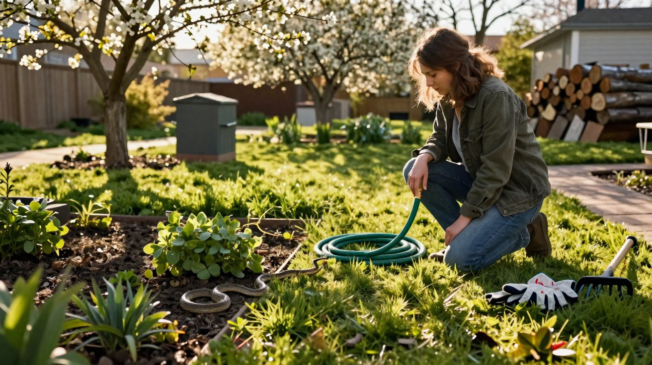 Mulher ajoelhada a regar plantas num jardim com mangueira verde, ao lado de luvas e ferramentas.