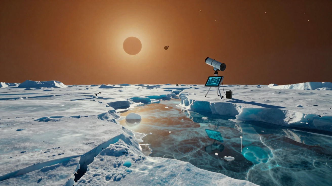 Superfície gelada com equipamento científico e planeta com lua visíveis no céu laranja de um mundo alienígena.