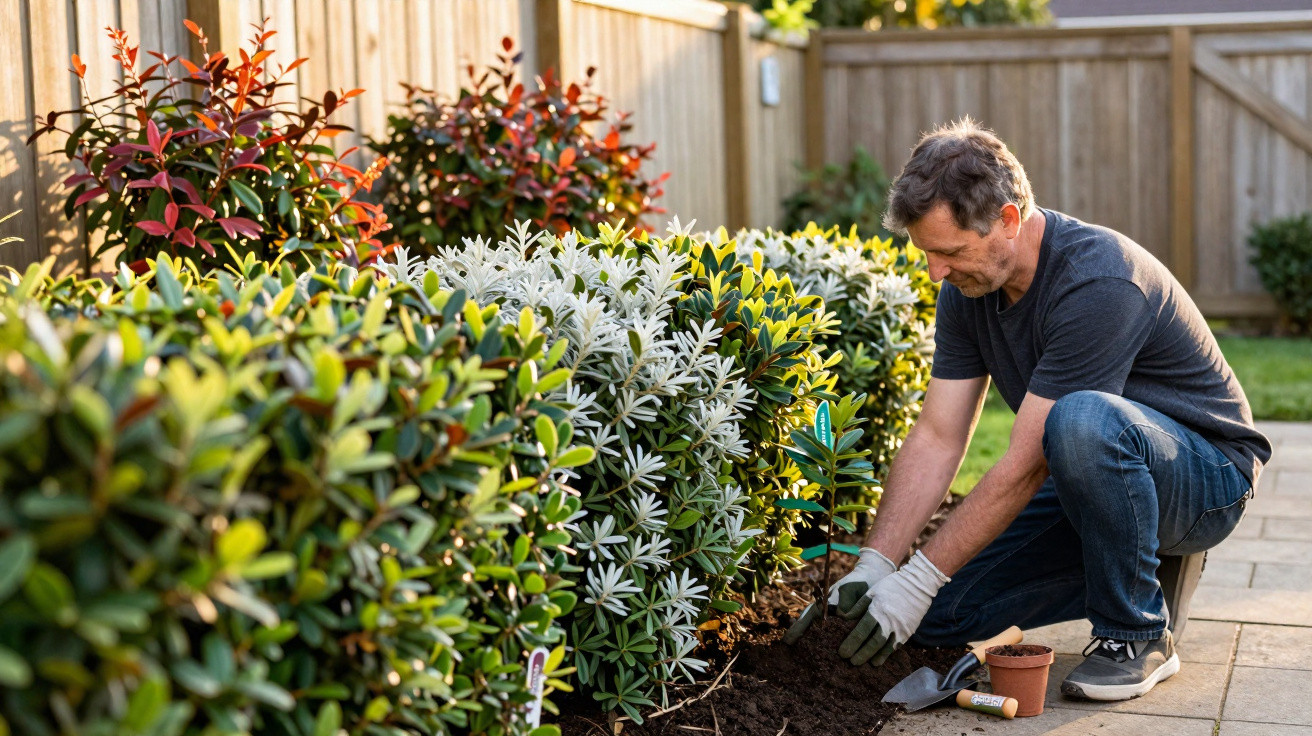 Homem a plantar uma pequena árvore num jardim ao lado de arbustos variados e coloridos, usando luvas.